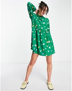 Зеленое свободное платье мини на пуговицах с принтом сердечек Vero moda