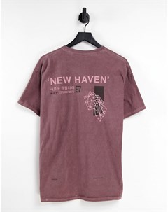 Темно розовая oversized футболка с принтом New Haven на спине New look