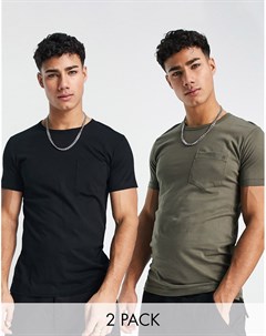 Набор из 2 футболок с карманом черного цвета и цвета хаки French connection