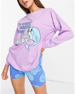 Сиренево голубой пижамный комплект из лонгслива и шорт леггинсов с графическим принтом дельфина ASOS Asos design