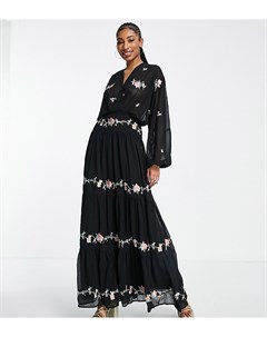 Черное ярусное платье макси в стиле 70 х с вышивкой ASOS DESIGN Tall Asos tall