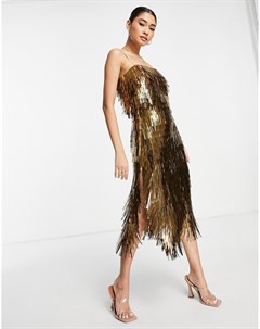 Золотистое платье миди с блестящим декором узкой длинной формы и прозрачной вставкой на талии Asos design