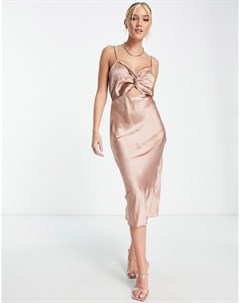 Нежно розовое атласное платье комбинация миди с вырезом Miss selfridge