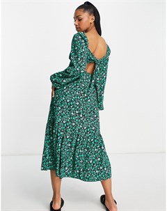 Зеленое платье миди с завязками на спине и цветочным принтом New look