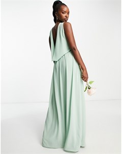 Шифоновое платье макси шалфейно зеленого цвета с глубоким драпированным вырезом сзади Bridesmaid Tfnc