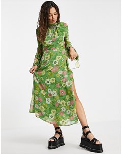 Платье миди с длинными рукавами открытой спиной и цветочным ретропринтом в стиле 70 х Topshop