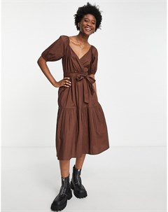 Платье миди шоколадно коричневого цвета с пышными рукавами V образным вырезом и завязкой на талии Influence