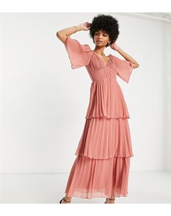 Плиссированное платье миди из ткани добби насыщенного розового цвета с ярусной юбкой ASOS DESIGN Tal Asos tall
