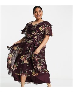 Платье миди из шифона и сетки добби с драпировкой цветочным принтом и завязывающимся поясом ASOS DES Asos curve