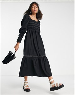 Черное платье миди в стиле casual с присборенной отделкой и контрастными строчками Topshop