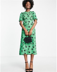 Зеленое платье с пышными рукавами оборками и цветочным принтом Petite Nobody's child