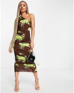 Шоколадно лаймовое присборенное платье миди на одно плечо с цветочным принтом и кружевной отделкой н Asos design