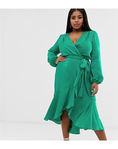 Зеленое атласное платье миди с запахом Flounce london plus