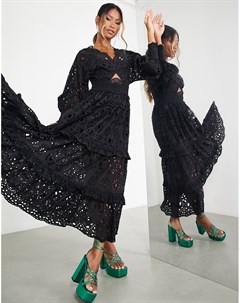 Черное платье миди с V образным вырезом вышивкой ришелье и пышными рукавами Asos edition