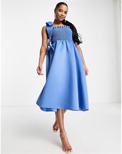 Голубое платье миди на выпускной со сборками и широкими завязками ASOS DESIGN Petite Asos petite