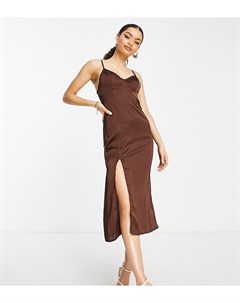 Атласное платье комбинация шоколадно коричневого цвета с разрезом Parisian petite