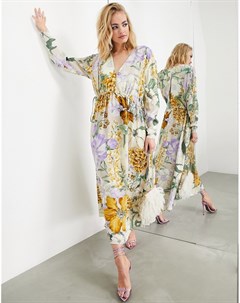 Атласное oversized платье миди с V образным вырезом затягивающимся шнурком и крупным цветочным принт Asos edition