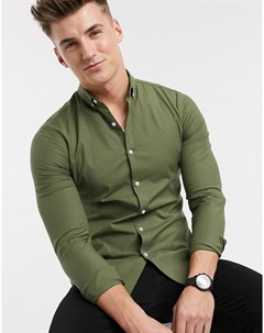 Обтягивающая оксфордская рубашка хаки с длинными рукавами New look