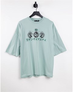 Голубая футболка в стиле oversized с символами на груди и текстовым принтом Asos design