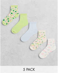 Набор из 5 носков до щиколотки разных цветов с цветочным принтом Monki