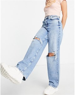 Светло синие свободные джинсы в стиле 90 х со рваной отделкой New look