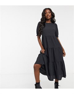 Ярусное фактурное платье миди черного цвета с объемными рукавами New look tall