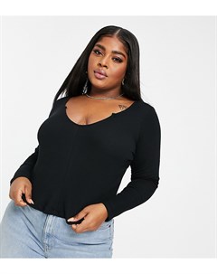 Черный кроп топ в рубчик с вырезом с разрезом и с длинными рукавами ASOS DESIGN Curve Asos curve