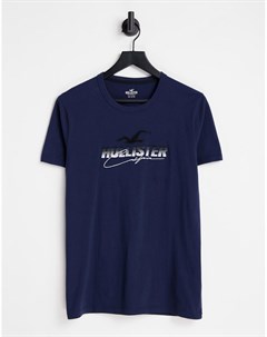 Темно синяя футболка с логотипом на груди Hollister