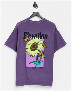 Фиолетовая oversized футболка с принтом цветка и надписью Elevation спереди и на спине Topman