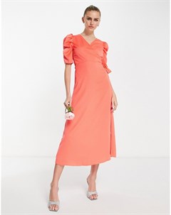 Ярко оранжевое платье миди с пышными рукавами и запахом спереди Bridesmaid Y.a.s