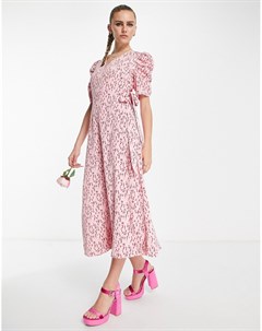 Розово красное платье миди с присборенными рукавами запахом и цветочным принтом Bridesmaid Y.a.s