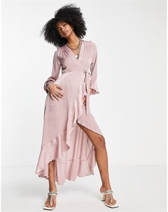 Платье макси нежно розового цвета с запахом и длинными рукавами Flounce london