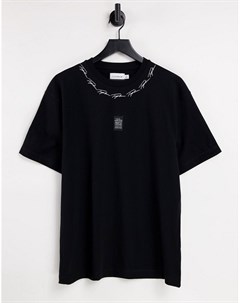 Черная футболка в стиле oversized с нашивкой и принтом на горловине Topman