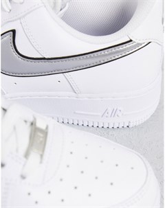 Белые кроссовки с серебристым металлизированным логотипом галочкой Air Force 1 07 Essential Nike