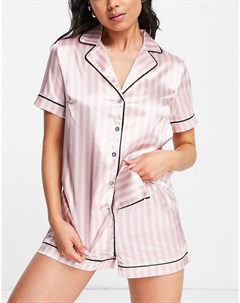 Атласный пижамный комплект розового цвета в полоску из рубашки с короткими рукавами и шорт Lipsy