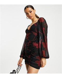 Присборенное платье мини из сетки с темно красным цветочным принтом и открытыми плечами ASOS DESIGN  Asos petite