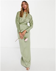 Оливковое атласное платье макси с рукавами летучая мышь и талией на запахе Bridesmaid Asos design