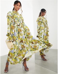 Oversized платье макси с оборками и цветочным принтом желтого цвета Asos edition