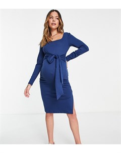 Синее трикотажное платье в рубчик с завязкой спереди Mamalicious Maternity