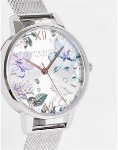 Серебристые часы с сетчатым браслетом цветочным рисунком и декором на циферблате Olivia burton