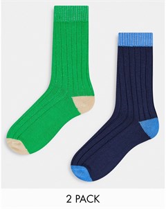 Набор из 2 пар носков в рубчик темно зеленого и темно синего цветов Asos design