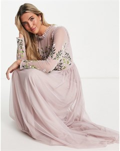 Платье макси светло лилового цвета с декоративной отделкой на лифе и юбкой в складку Bridesmaid Frock and frill