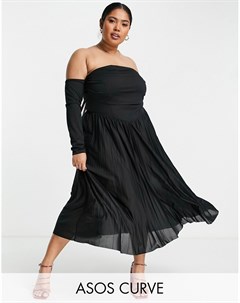 Платье миди черного цвета со складками открытыми плечами и корсетом ASOS DESIGN Curve Asos curve