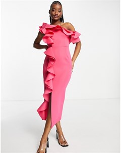 Ярко розовое платье футляр миди с оборками и открытыми плечами Asos design