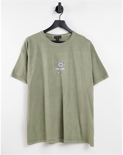 Oversized футболка цвета хаки с принтом цветка New look