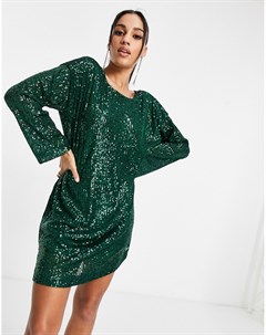 Темно зеленое платье мини с длинными рукавами отделкой пайетками и V образным вырезом на спине Asos design