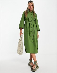 Зеленое платье рубашка миди с широкими рукавами и завязывающимся поясом Object