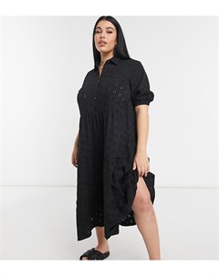 Черное ярусное платье рубашка миди с узором бродери и короткими рукавами ASOS DESIGN Curve Asos curve