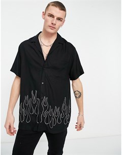 Черная рубашка свободного кроя с отложным воротником и отделкой из заклепок в виде пламени Asos design