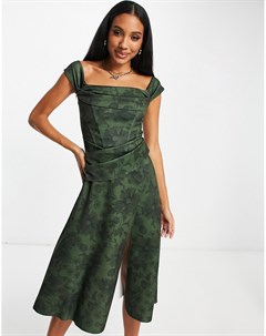 Темно зеленое мягкое платье для выпускного с драпировкой открытыми плечами и цветочным принтом Asos design